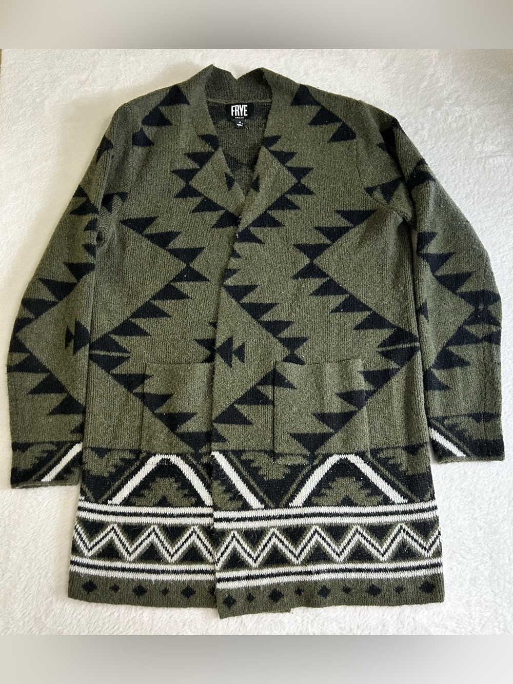 Frye Women's Cardigan Sweater Medium Green Open Front Aztec Boho Western